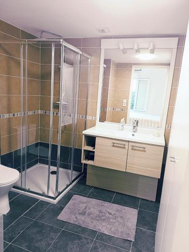 une salle de bain avec une douche, un lavabo et des toilettes dans l'établissement Bel appartement de standing en bord de mer, à Saint-Raphaël