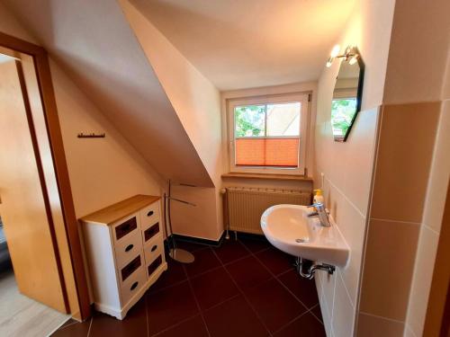 a small bathroom with a sink and a window at Boddenhus Apartment in Gager