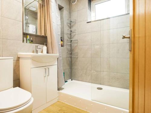 a bathroom with a shower and a toilet and a sink at River View Walk - Fab 3B House in Aberystwyth