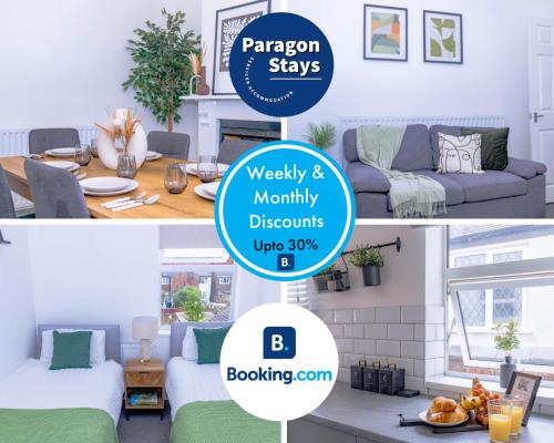 a collage of two photos of a living room and a dining room at Templar House - Sleeps 6, Special Weekly Monthly Stay Rates, Central Location with FREE Parking, FREE WiFi, Perfect for ALTON TOWERS & M6 in Stoke on Trent