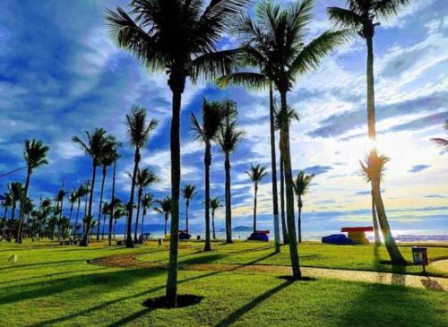 a group of palm trees in a park with the ocean at Casa Térrea Espaçosa Centro , Bertioga-Pertinho da Praia in Bertioga