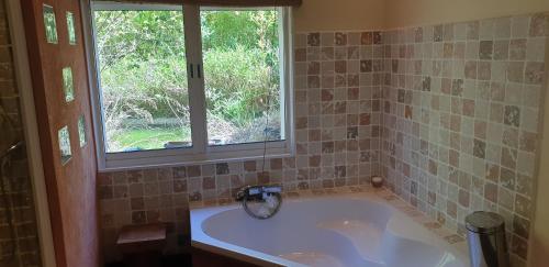 een badkamer met een bad en een raam bij La provençale in Roquevaire