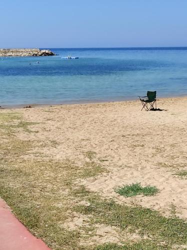 a chair sitting on a beach next to the water at Didim Parlamenter Villa Denizli Havuzlu in Didim