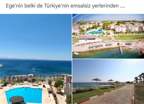 un collage de dos fotos de un complejo en Didim Parlamenter Villa Denizli Havuzlu, en Didim