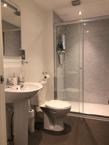 e bagno con servizi igienici, lavandino e doccia. di Ardvane Bed & Breakfast a Pitlochry