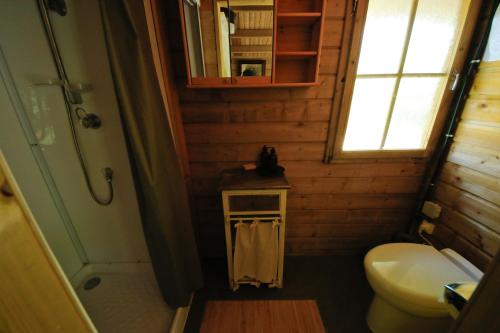 a small bathroom with a toilet and a sink at Domaine La Faix, Gite La Chouette in Saint-Plaisir