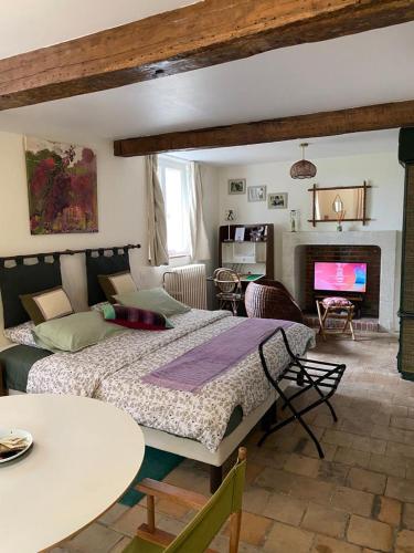 une chambre avec un lit et un salon dans l'établissement AMALOUYSE Studio de charme au cœur des châteaux de Loire, à Montlouis-sur-Loire