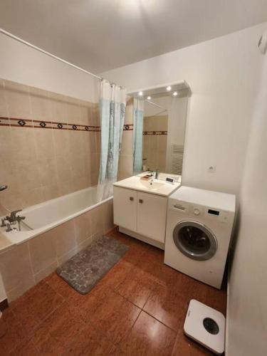 une salle de bain avec un lavabo et une machine à laver dans l'établissement appartement 2 pièces 5min gare val d'Europe parking inclus, à Montévrain
