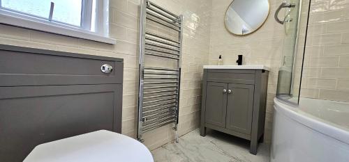 een badkamer met een toilet, een wastafel en een spiegel bij Habershon by Switchback Stays in Cardiff