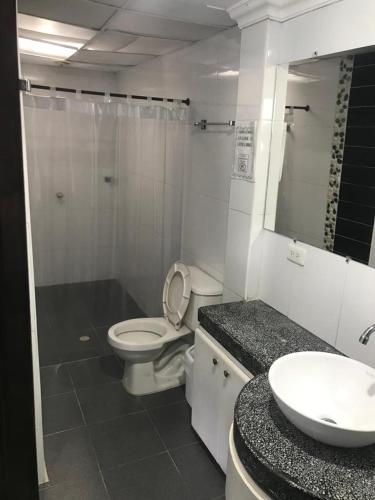 a bathroom with a toilet and a sink and a mirror at Hotel Colonial - Salamina Caldas in Salamina