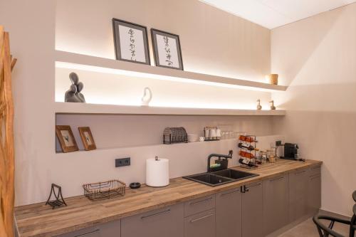 a kitchen with a counter with a sink and shelves at Hayes suite syros in Ermoupoli