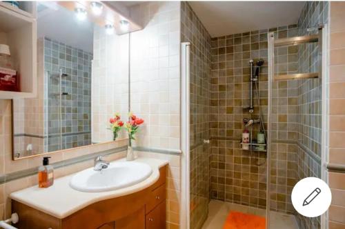 een badkamer met een wastafel en een douche bij BEAUTIFUL ROOM RIVER in Anglés