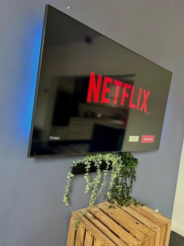 a netflix sign on a wall with a plant in a wooden box at The Pier Suite Serviced Apartment Blackpool in Blackpool