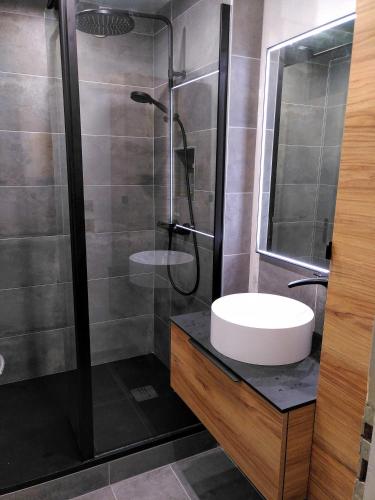 une salle de bain avec un lavabo et une douche en verre dans l'établissement Appartement Balcon Villard-de-lans, à Villard-de-Lans