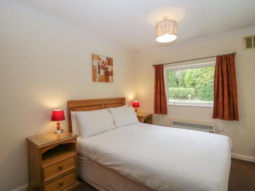a bedroom with a white bed and a window at Dogwood Timber Lodge in Keswick