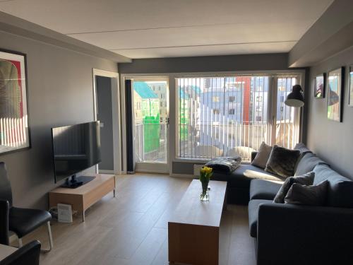 Modern 2 bedroom apartment in Oslo city centre في أوسلو: غرفة معيشة مع أريكة وتلفزيون