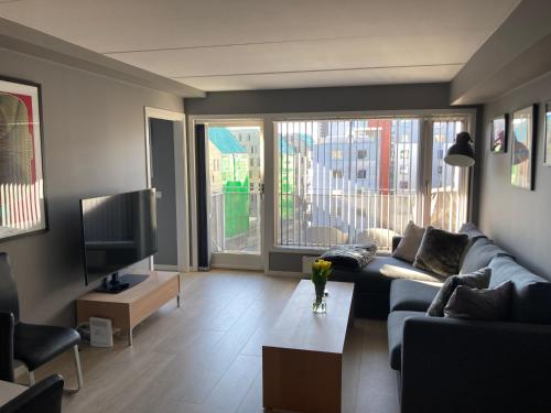 a living room with a couch and a tv at Modern 2 bedroom apartment in Oslo city centre in Oslo