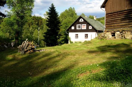 a house on a grassy hill next to a barn at Na Sluneční Pohádková chaloupka ve Sladké díře in Příchovice