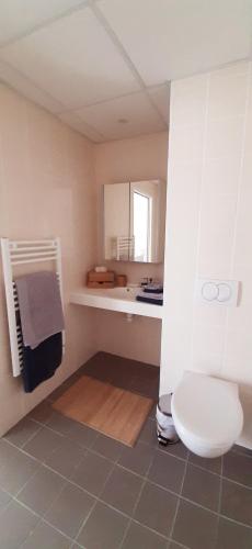 une salle de bain avec des toilettes blanches et un miroir dans l'établissement Les Logis d'Oléron, à Saint-Pierre-dʼOléron