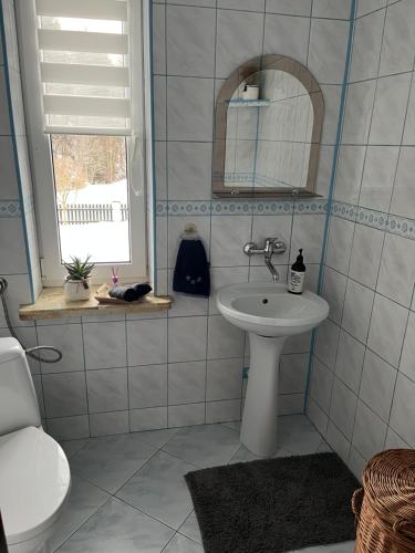 een badkamer met een wastafel en een spiegel bij Dom w górach in Koszarawa