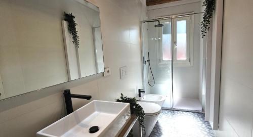 a bathroom with a sink and a toilet and a mirror at Cozy Small Villa with Private Garden in Venice