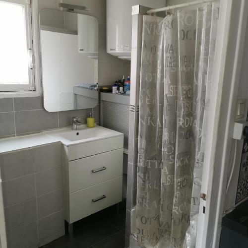une salle de bain avec un lavabo et un rideau de douche dans l'établissement Maison 48m2 deux chambres cour privé et personnelle pour motos ou voitures 4 Pers proche mairie et bus tram, à Le Pont-de-Claix