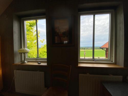 pokój z dwoma oknami z widokiem na pole w obiekcie B&B Borgunda w mieście Borgunda