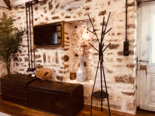 une chambre avec une télévision et une table avec une plante dans l'établissement Villa Vakalis, à Ioannina