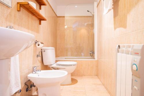 a bathroom with a toilet and a sink and a shower at Apartamentos Aldea del Puente in Cangas de Onís