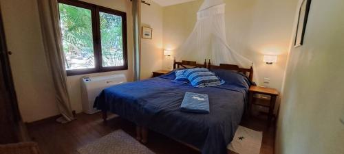 a bedroom with a bed with blue sheets and a window at Serenity - Cheerful 2-Bedrooms Beachfront Villa. in Trou dʼ Eau Douce