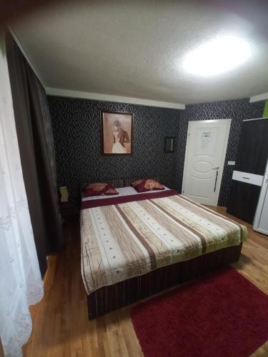 ein Schlafzimmer mit einem großen Bett mit einem roten Teppich in der Unterkunft Durmitor in Kumanovo