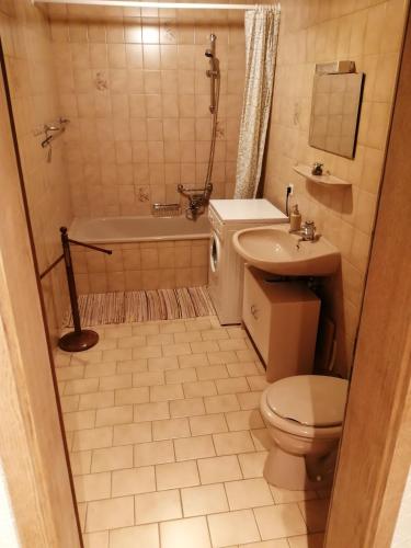 une salle de bains avec toilettes, baignoire et lavabo dans l'établissement Katya, à Winterberg
