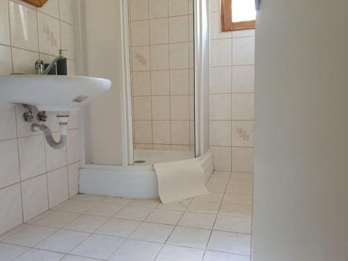 un bagno bianco con doccia e lavandino di Chalupa Pěkný den a Rudník