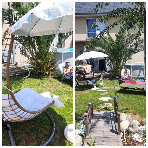 zwei Bilder eines Gartens mit Hängematte und Sonnenschirm in der Unterkunft Au Bonheur des enfants in Ibos