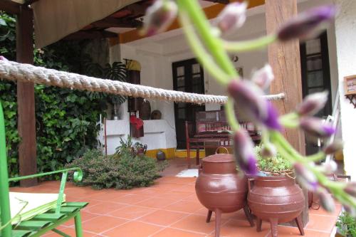 a patio with flower pots and a table and chairs at Terraços da Beira in Segade