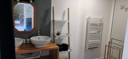 ein Badezimmer mit einem weißen Waschbecken und einem Spiegel in der Unterkunft Le Spot Blériot-Plage gîte de groupe proche mer in Sangatte