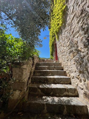 a stairway leading up to a stone wall with a red door at Mas Lo Faix in Saint-Laurent-de-Cerdans