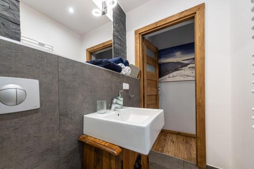 a bathroom with a white sink and a mirror at Apartamenty 33 in Zakopane