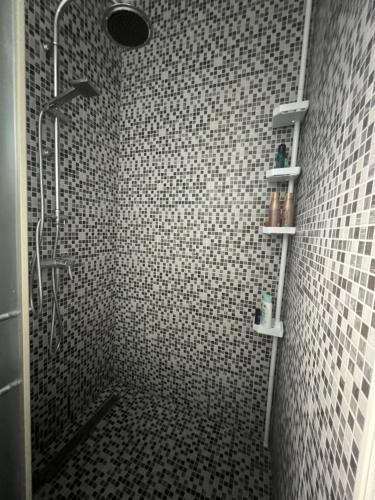 a bathroom with a shower with black and white tiles at Apartman Ivana Medulin in Medulin