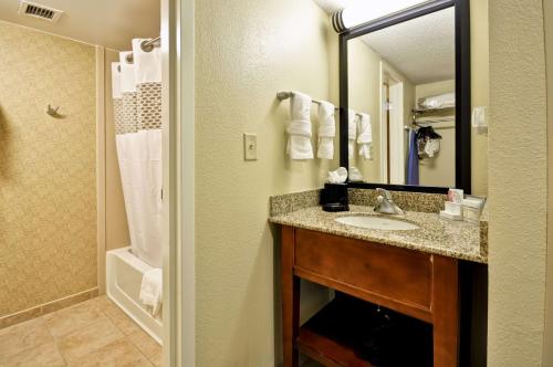 a bathroom with a sink and a mirror and a shower at Hampton Inn Chicago-Gurnee in Gurnee