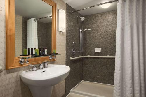 a bathroom with a sink and a shower at Embassy Suites by Hilton Chicago O'Hare Rosemont in Rosemont