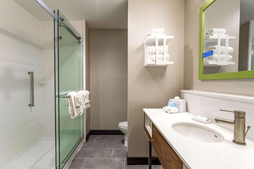 een badkamer met een wastafel en een douche bij Hampton Inn Madison, OH in Madison