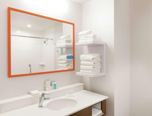 a bathroom with a sink and a mirror and towels at Hampton Inn Cleveland-Solon in Solon