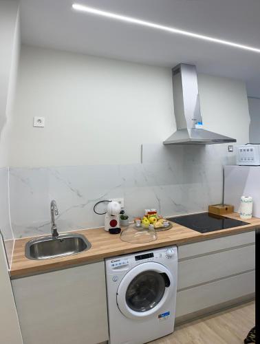 a kitchen with a sink and a washing machine at Apartamentos TARELA Porriño in Porriño