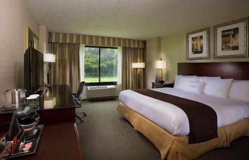 DoubleTree by Hilton Charlotte Airport في تشارلوت: غرفة فندقية بسرير كبير ونافذة