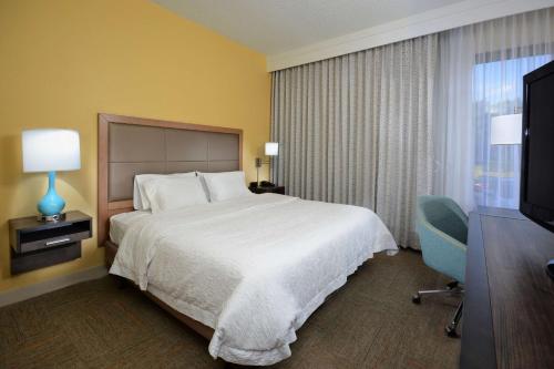 a hotel room with a large bed and a television at Hampton Inn Charlotte North Lake Norman in Cornelius