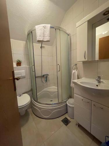 a bathroom with a shower and a toilet and a sink at Holiday Home Ajaz Bihac in Bihać