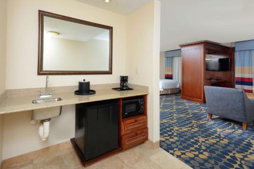 Habitación de hotel con lavabo y espejo en Hampton Inn & Suites Huntersville, en Huntersville