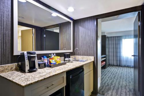 a bathroom with a counter with a sink and a mirror at Embassy Suites Charlotte in Charlotte