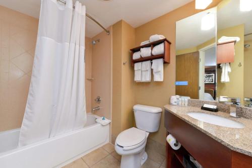 a bathroom with a toilet and a sink and a shower at Hampton Inn Columbus-East in Pickerington